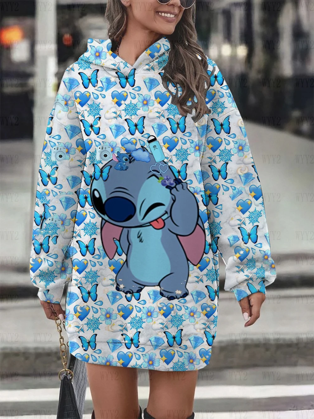 New Women's Loose Fashion Autumn and Winter Hoodie Role Play Dress Disney Stitch Printed Hoodie Sweater Dress