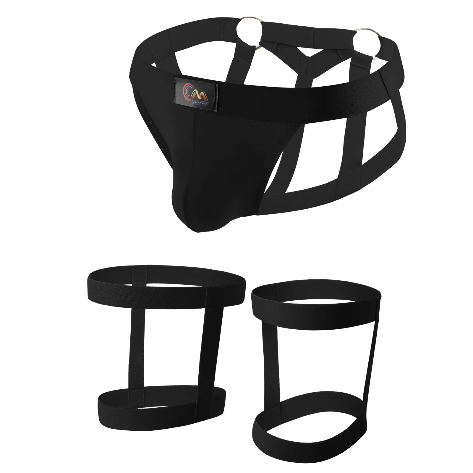 Men's Sexy Steel Ring Thong, Double Strap Low Rise Hollow Out G-string Underwear with Leg Restraint Straps for Nightclub