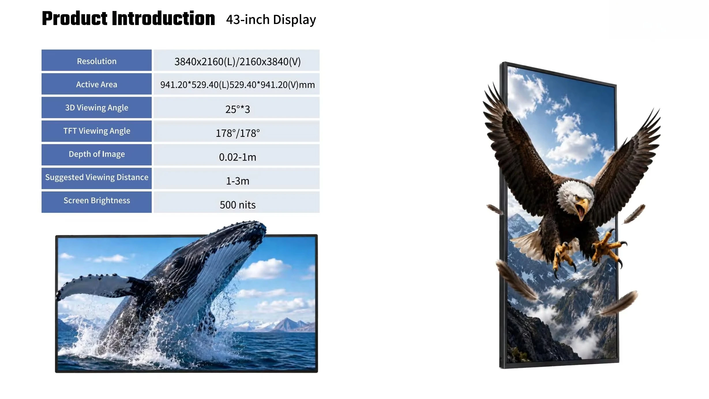 Glasses Free 3D LCD Display 43 Inch 4K 2160x3840 Android OS Wall Mounted Naked Eye 3D Indoor Digital Signage High Contrast