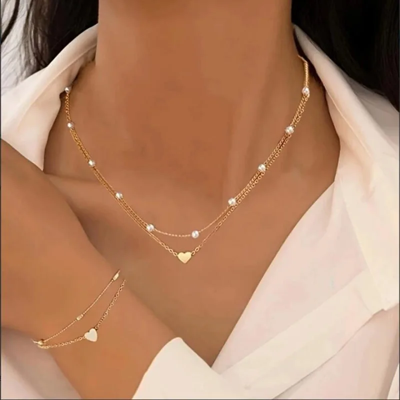 Moda imitação de pérola coração conjunto de jóias para mulheres ouro prata cor redonda contas colar pulseira conjunto acessórios de uso diário