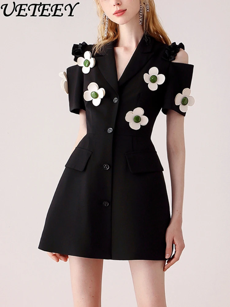 

High-Grade Lightly Mature Elegant Dress for Women 2024 Summer New Three-Dimensional Flowers Show Thin Black Suit Dresses