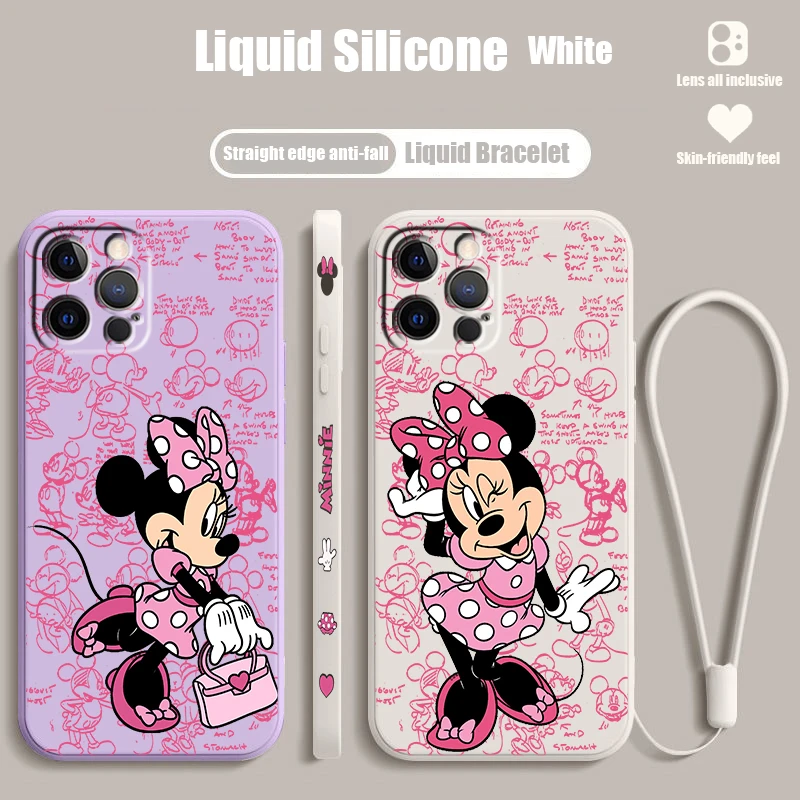 Minnie Mouse Disney Cute For Apple iPhone 15 14 13 12 11 XS XR X 8 7 SE Pro Ultra Max Plus Mini Liquid Left Rope Phone Case