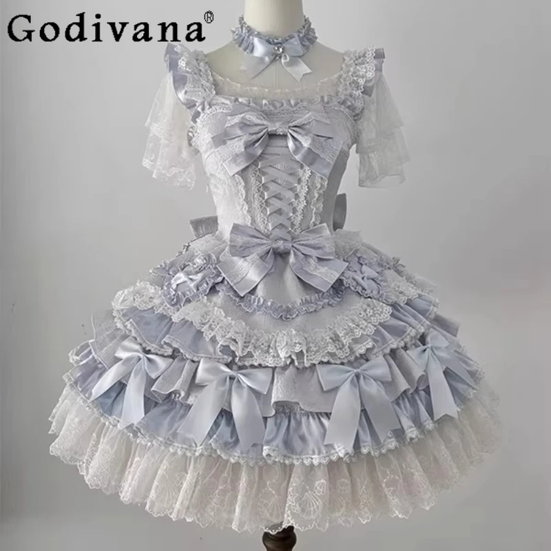 

Blue Princess Gentle Style Dress for Women Cute Lolita Sweet Girl Heart Princess Dress Female Lolita Daily Wear Birthday Dress