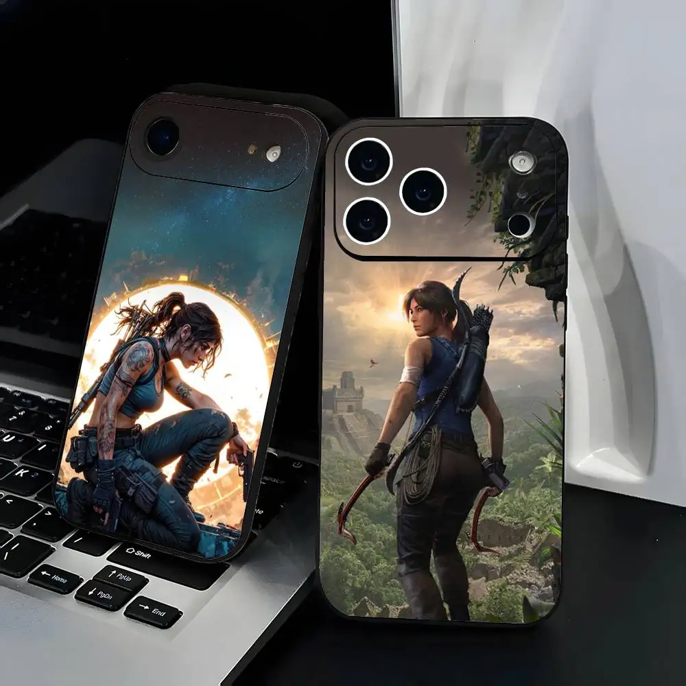 

T-Tomb Raider Phone Case Fashion Black Frosted TPU Phone Case for iPhone 12-17. UV Spray Painted Design, Anti-fall Daily Protect