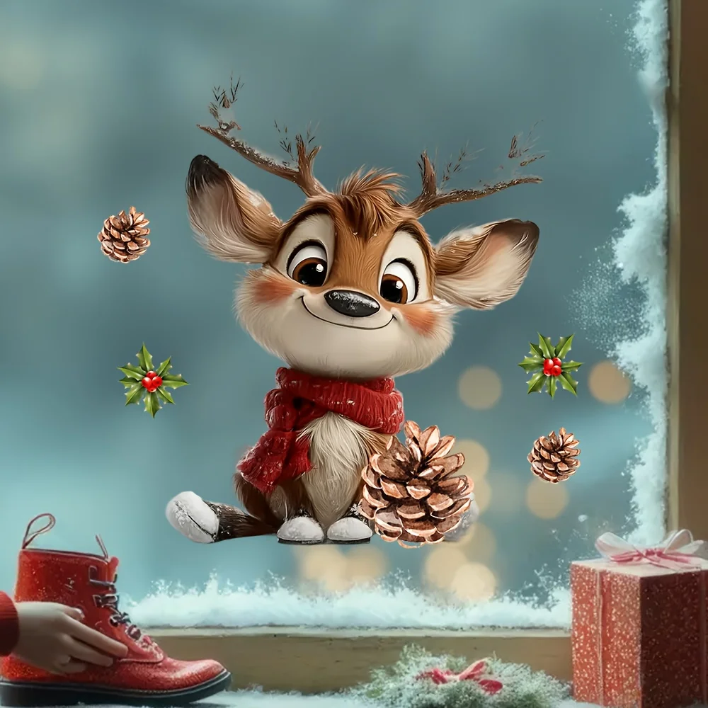 1 Stück Weihnachts-Rentier-Fensteraufkleber, selbstklebend, fröhliches Rentier, Tannenzapfen, rote Beeren für Zuhause, Büro, Küche, Badezimmer