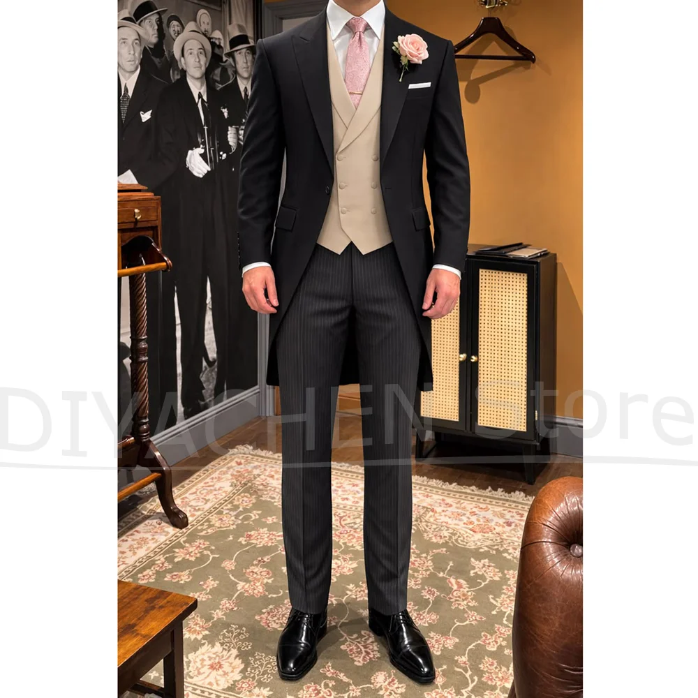 Luxury Men Suit Single Button Long Jacket Waistcoat Pinstripe Trousers Set Groom Formal Party Banquet Wedding Tailcoat 3 Piece
