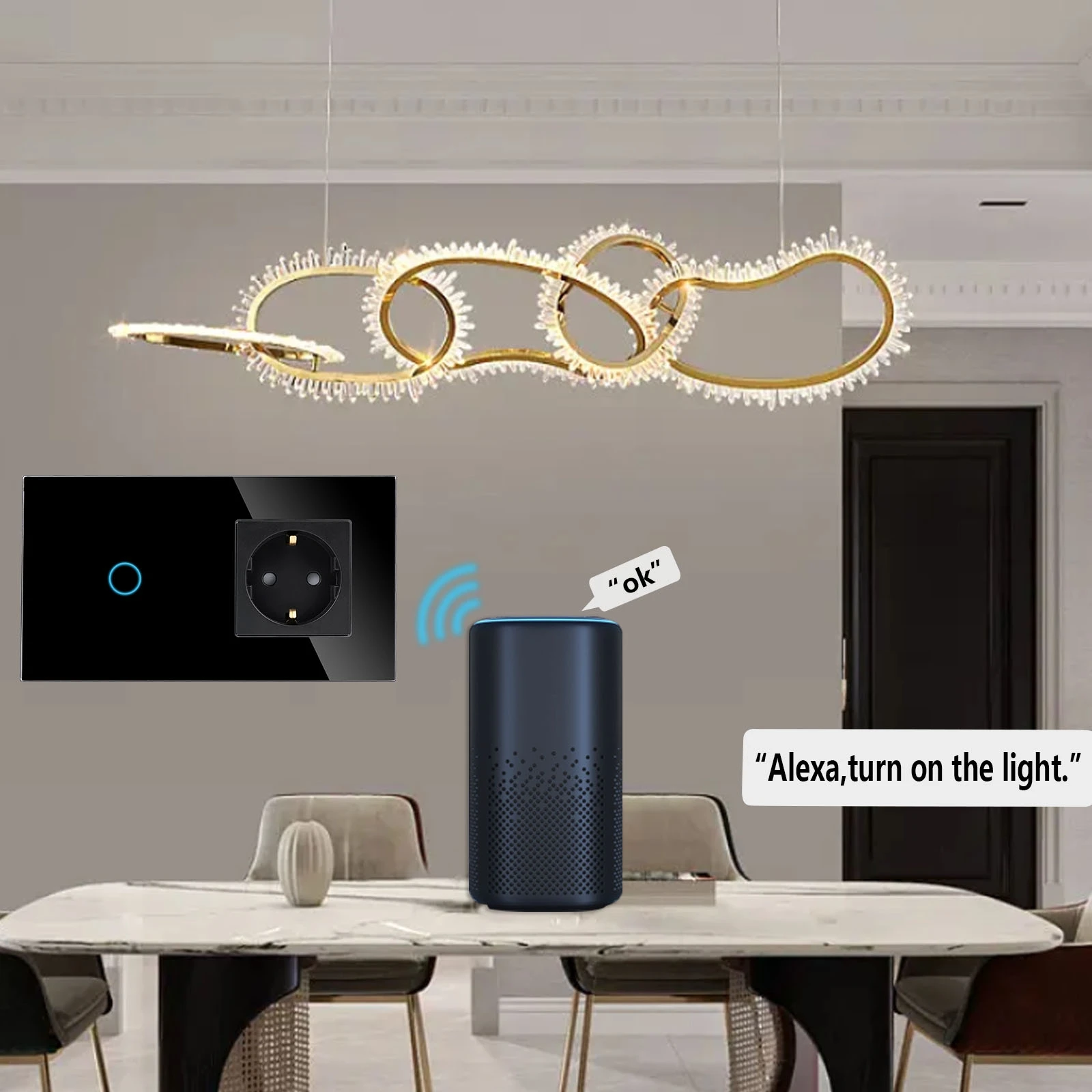 Normal Socket With WiFi Light Switch, Work With Alexa Google Home, Glass Touch Screen,1x1Way, 16A Socket, Neutral Line Required