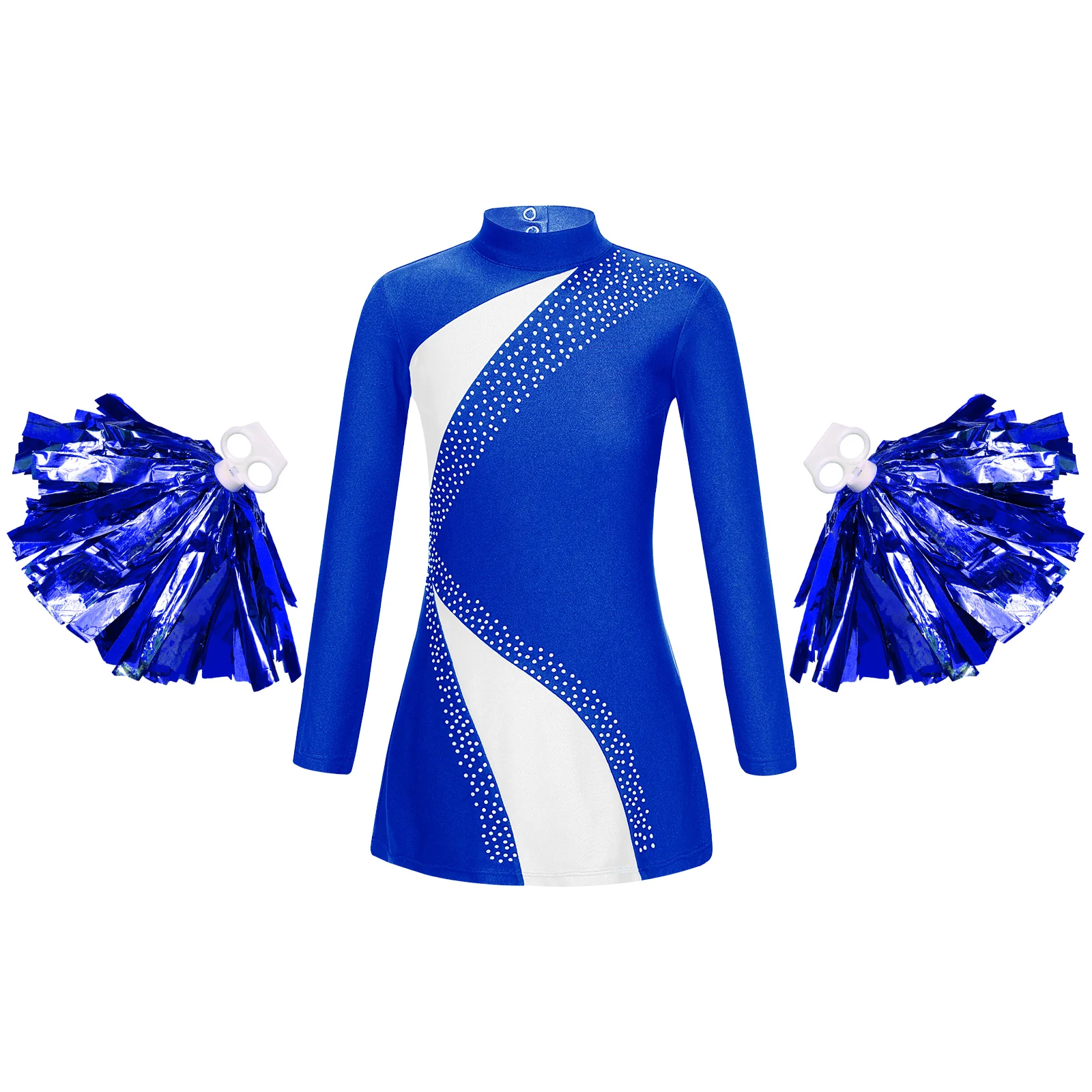 

Kids Girls Cheerleading Dance Costume Long Sleeve Mock Neck Rhinestones Decorated Cutout Back Dress with 1 Pair Flower Balls