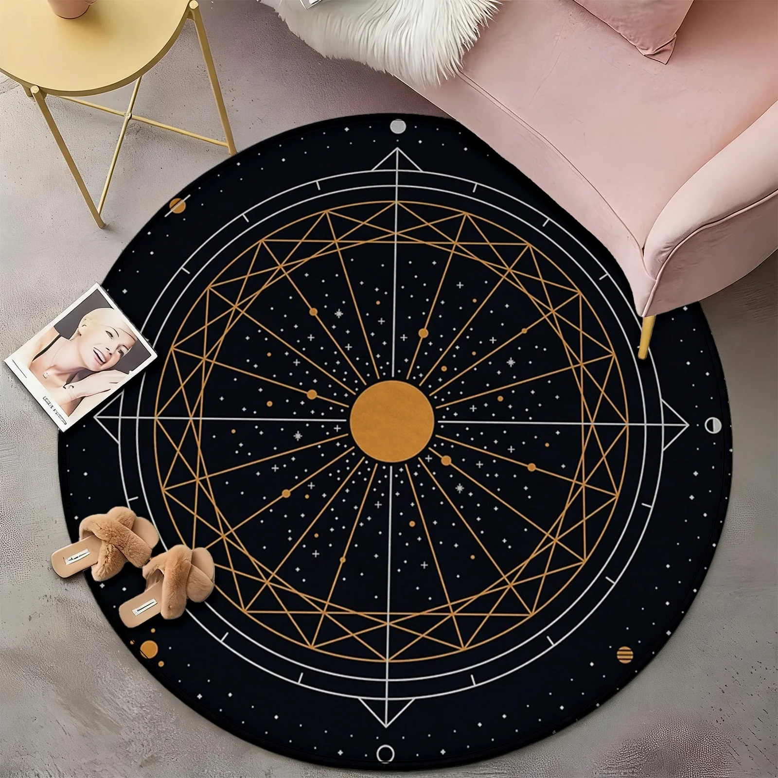 Large Round Constellation Area Rug Black Gold Star Map Celestial Astrology Zodiac Boho Space Decor Modern Living Room Carpet Mat - view 6