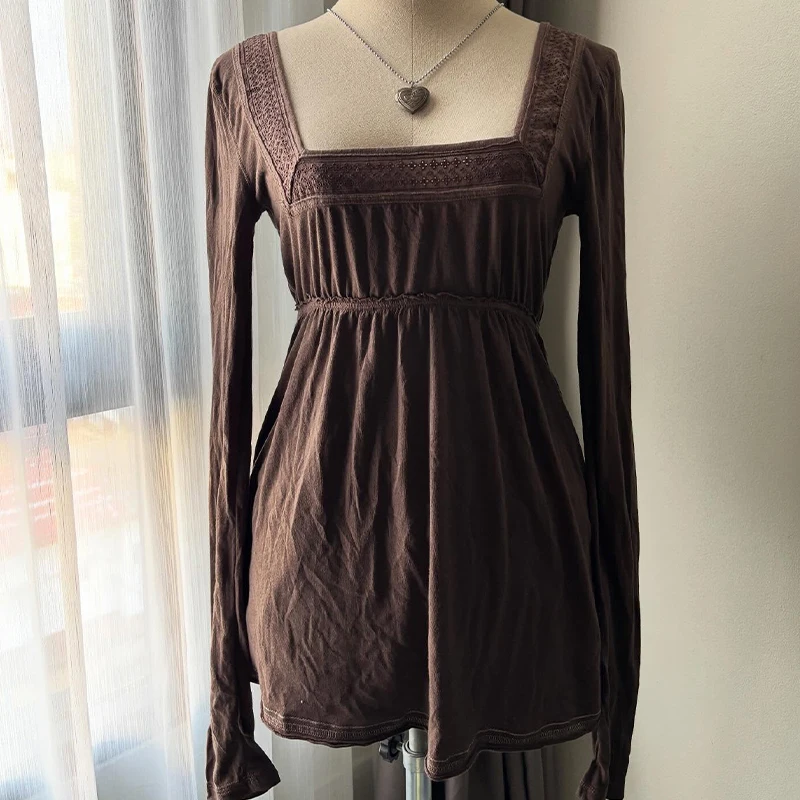 قميص هاراجوكو النسائي عصري وأنيق بلون سادة وياقة مربعة يومية غير رسمية كلاسيكية Y2K ملابس جمالية للشارع بأكمام طويلة