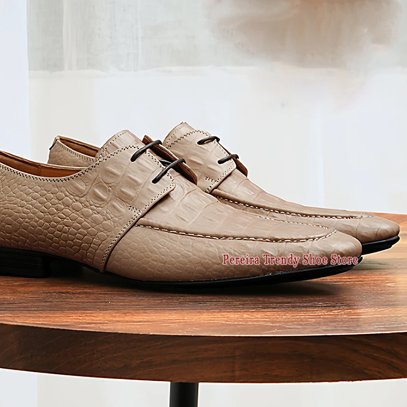 British Style Crocodile Pattern Business Dress Shoes Trendy Versatile Pointed Toe Cowhide Derby Shoes Party Banquet Oxfords