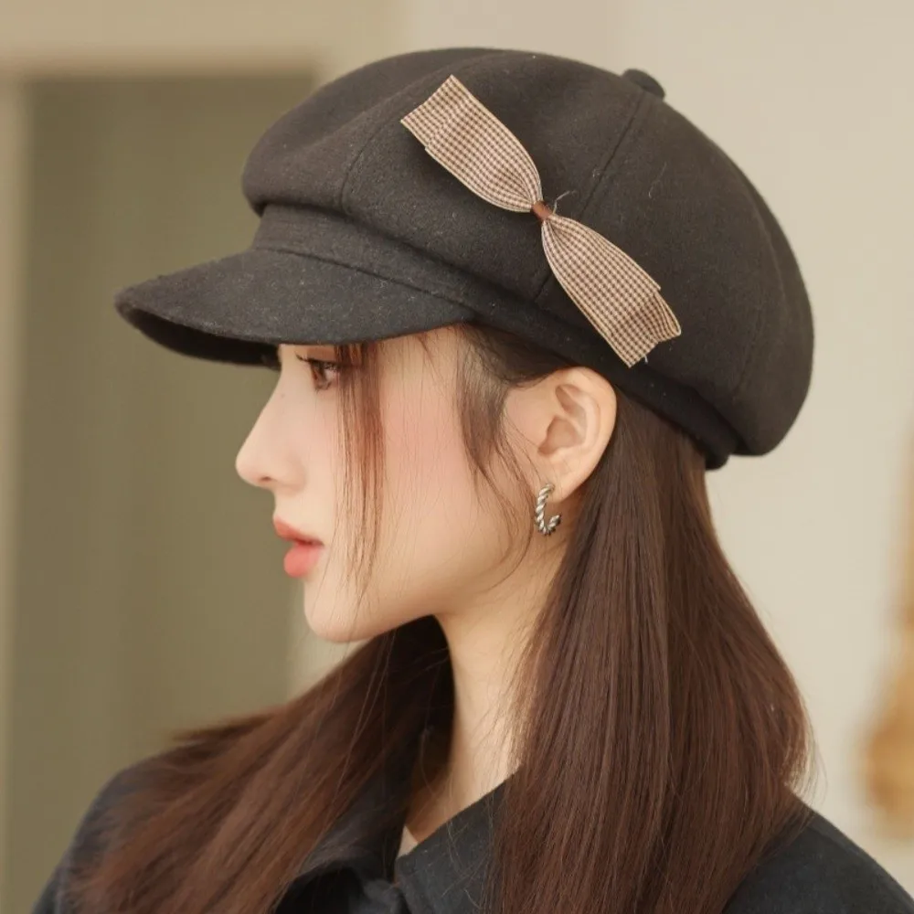 

Retro Wool Bow Beret Solid Color Big Head Circumference Newsboy Hat Y2k Korean Style Octagonal Cap Streetwear