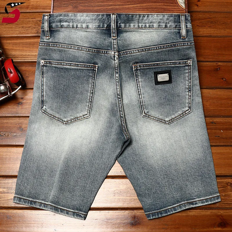 2024Summer Youth High-End Denim Shorts Men's Fashion Brand Blue Retro Nostalgic  Stretch Slim Cropped Pants