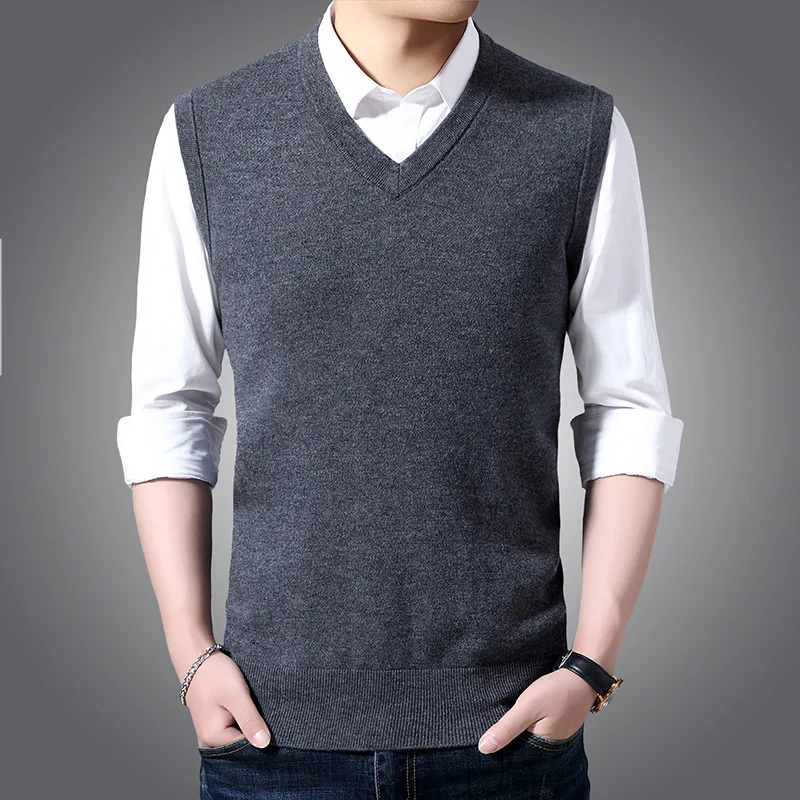 Men's Solid Color Wool Vest Autumn and Winter Basic V-neck Knitted Vest Youth Casual Wool Vest