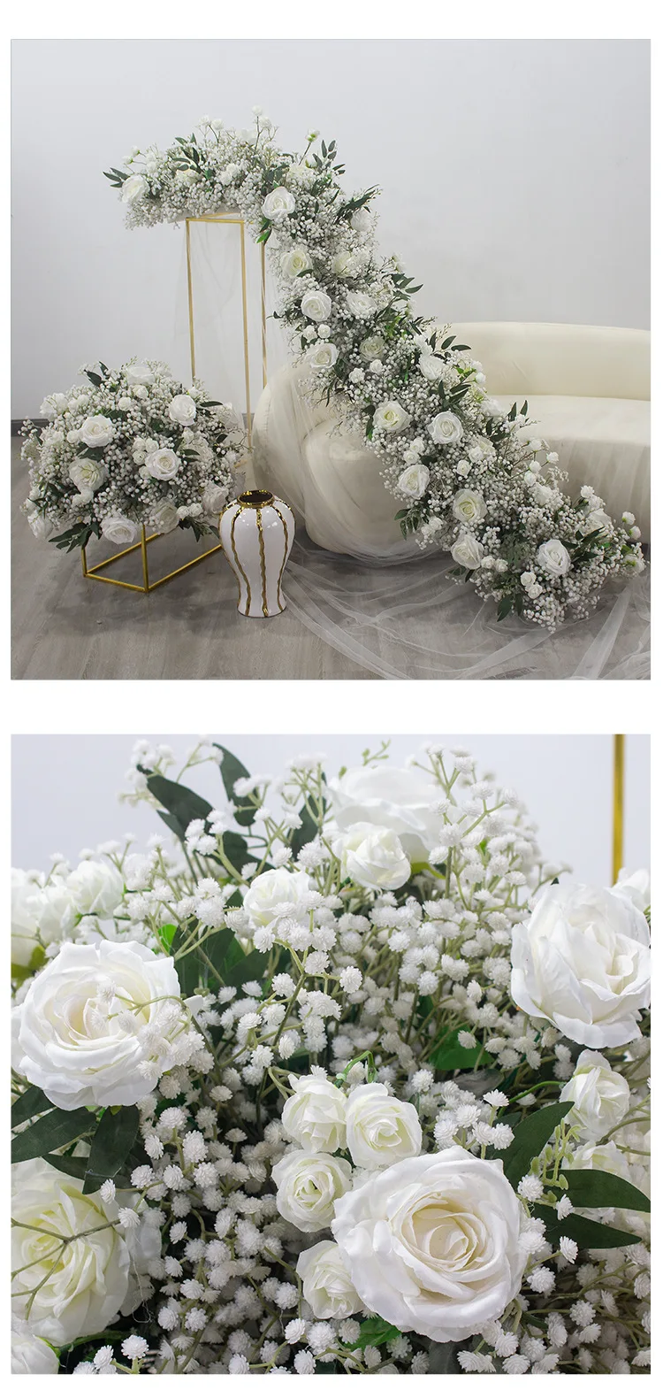 Großhandel Künstliche Blumenkugel Grüne Rosen Gypsophila Blumenreihe Hochzeitsbühnenbogen Hintergrund Seidenblumen Event-Party-Dekoration – Detail 8