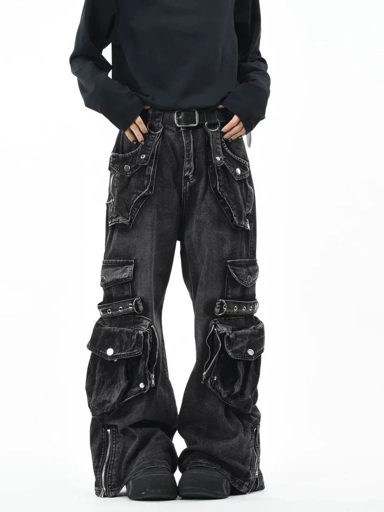 2026 Cyber Y2K Streetwear Washed Black Baggy Women's Cargo Jeans Pants For Woman Clothing Wide Leg New Rock Punk Long Trousers