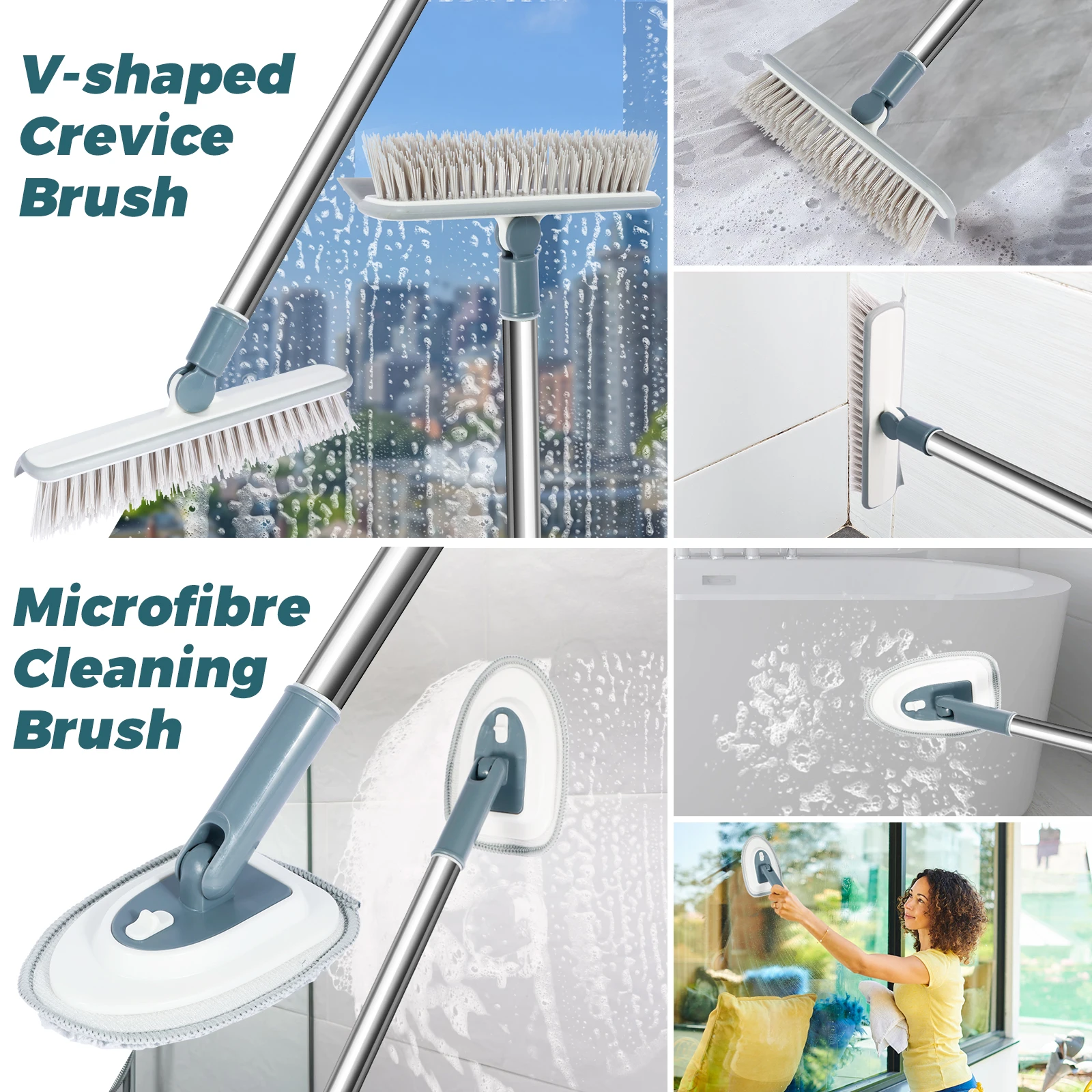 Shower Cleaning Brush with Long Handle 180° Rotatable Tile Tub Shower Scrubber with Scraper Portable Bathroom Cleaner Brush 4