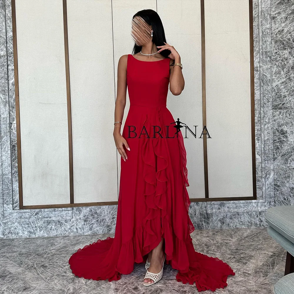 

Burgundy Evening Dresses with Slit Chiffon Satin O Neck Arabic Prom Dress A Line Long Formal Occasion Gowns Lace Up Back