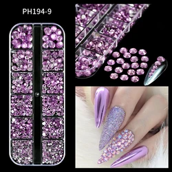 12Grid/Box Lavender Purple Round Nails Rhinestone Flatback Diamond Glass Jewelry Mix-size Glitter Resin Crystal Manicure Charms