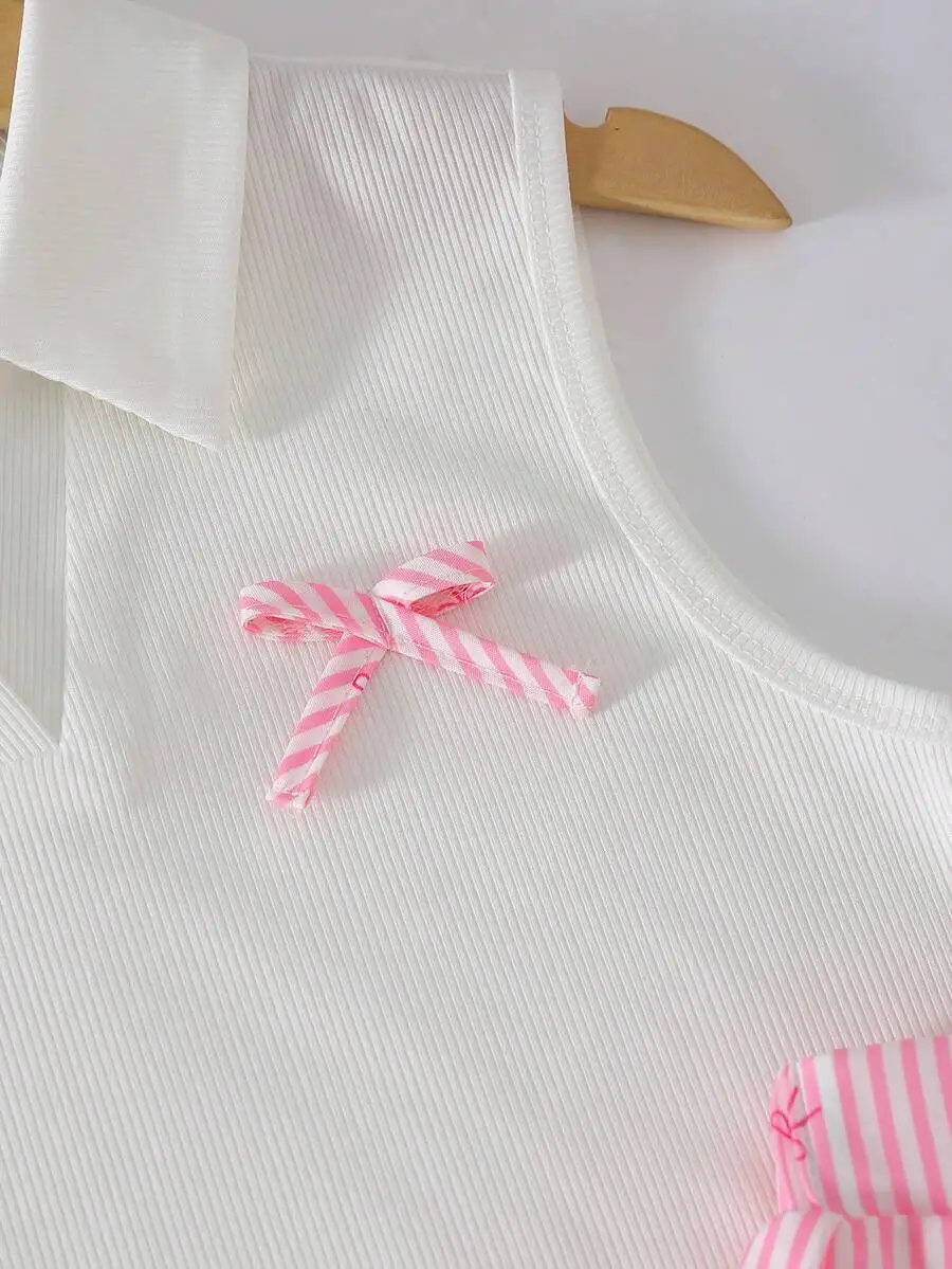 

White Ribbed V-Neck Tank Top With Pink Striped Bow And Matching Skirt Set