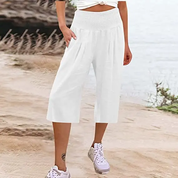 Elastic Waist Loose Casual Cropped Pants For Women Summer Style High Waist Pocket Solid Color Thin Beach Vacation Wide Leg Pants