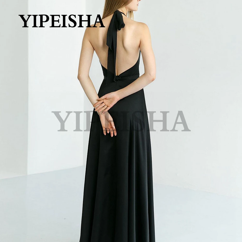 Customized Simple Halter Neck A-Line Evening Dress Backless Front High Split Black Satin Prom Party Gown Robes De Soirée Vestido