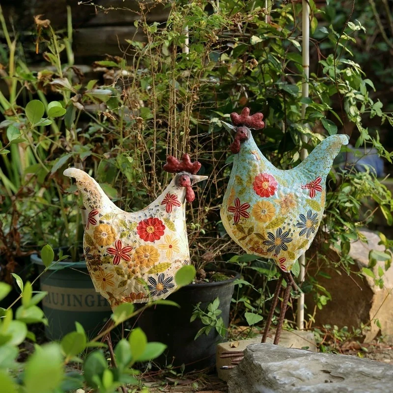 Vintage Floral Iron Rooster Statue, American Country Floor Ornament, Courtyard Villa Garden Shop Soft Decor