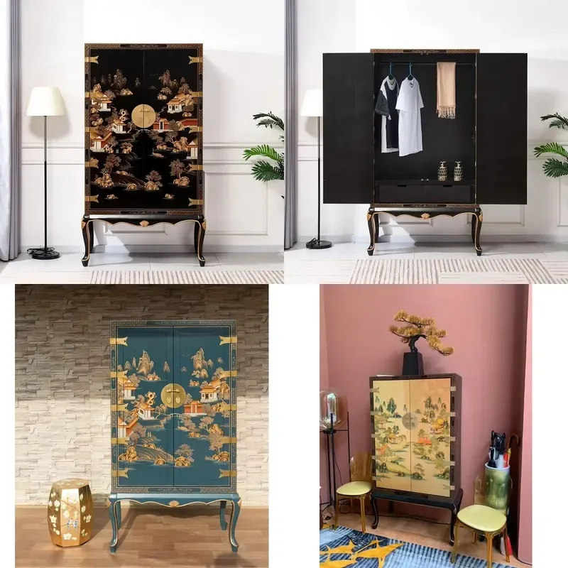Custom Neoclassical Chinese Solid Camphor Wood Hand Painted Antique Decorative Cabinet Bedroom Wardrobe Furniture