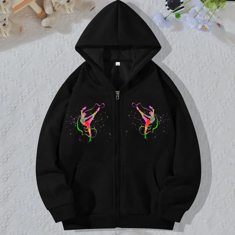 

Korean Hooded Sweatshirt for Women Black Zip Up Hoodie Long Sleeve Watercolor Gymnastics Print Fleece Zip Hoodie Sudaderas Mujer