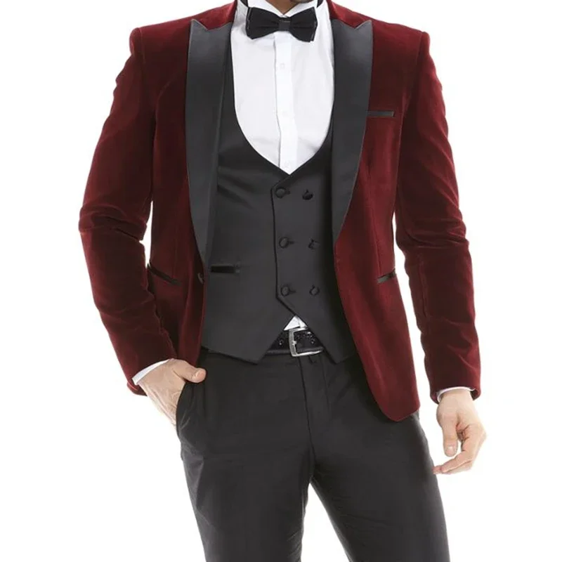 Red Jacket Black Pant Velvet Formal Wedding Men Suit Groom Tuxedo Prom Slim Fit Blazer High Quality Custom 3 Piece Set Costume