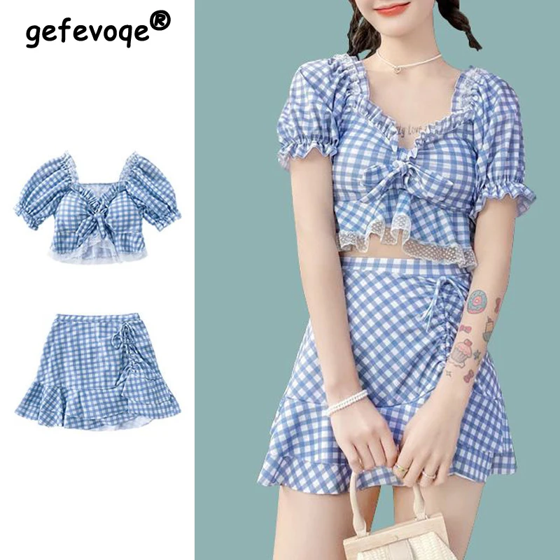 

Women Summer Plaid Ruffles Bow Lace Patchwork Cute Sweet Two Piece Swimsuit Short Sleeve Slim Beachwear Sexy Mini Skirt Swimwear