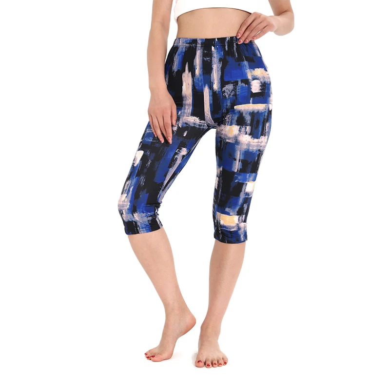 K473 European and American Fashion Leisure Vacation Blue and White Splashed Ink Pattern Seven Point Bottom Pants Elastic Pants