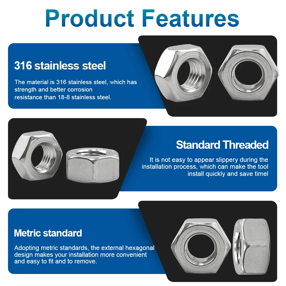 NNDEJIN 1-50pcs Hexagon Nut M3 M4 M5 M6 M8 M10 M12 M14 M16 M18 M20 M22 M24 316 Stainless Steel Metric Standard Thread Hex Nut