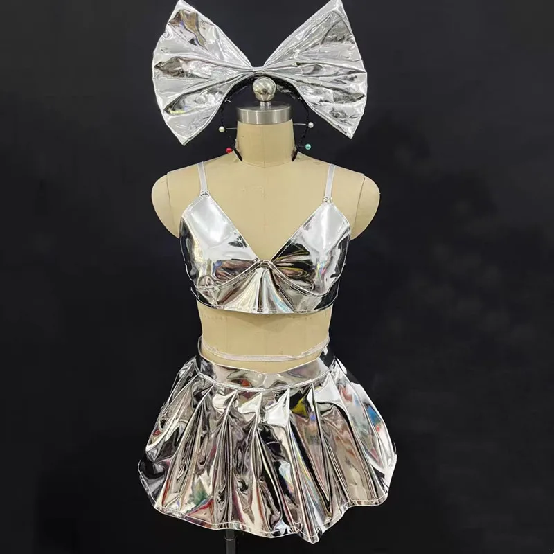 Bar Nightclub Women DJ Gogo Dancer Costume Silver Gold Laser Leather Mini Skirt Bow Headgear Team Dance Outfit Sexy Stage Wear