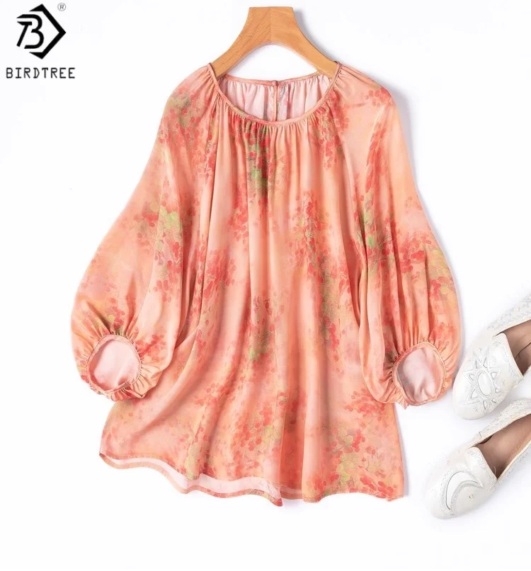 

BirdTree 100% Mulberry Silk Ink Wash Printing Shirt,Woman Double Crepe Lantern Sleeve O-neck Loose Pink Blouse,2025 New T57135JF