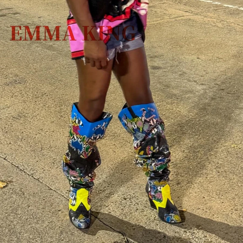 النساء حذاء بكعب سميك فوق الركبة الأحذية النمط الغربي أشار تو جلد الثعبان الفخذ عالية التمهيد السيدات الشتاء Botines Mujer بوتاس