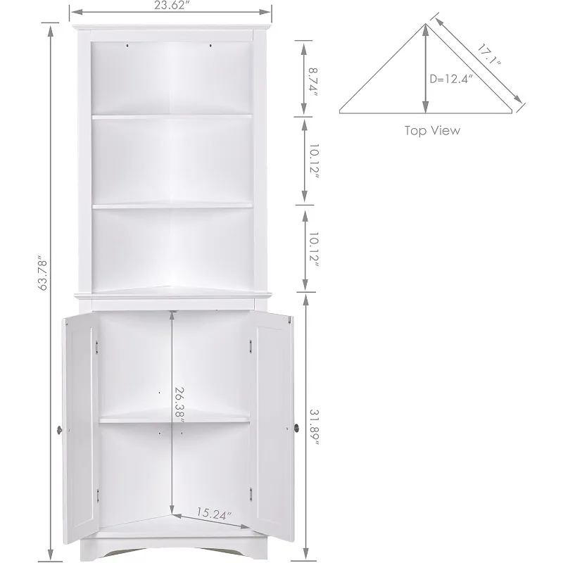 Tall Corner Cabinet with Doors and Shelves, Freestanding Corner Storage Cabinet for Bathroom, Kitchen, Living Room, White