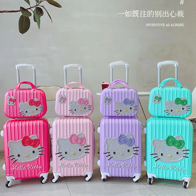 

Kawaii Hello Kittys Diamond Trolley Case Anime Sanrios Suitcase Universal Wheel Female Student Travel Rolling Luggage Girls Gift