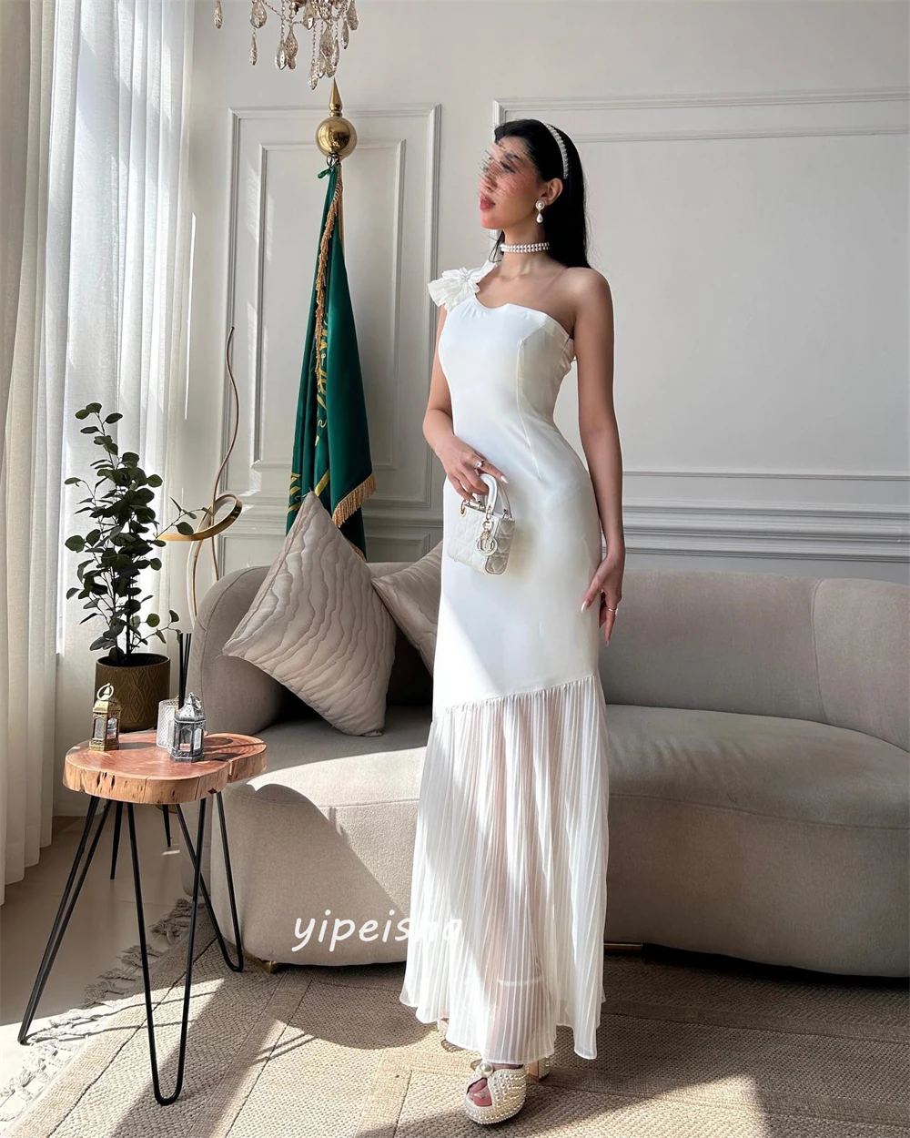 Jiayigong gaun acara Bespoke Satin bunga model A-line bahu Satu bahu Formal malam gaya Modern sederhana