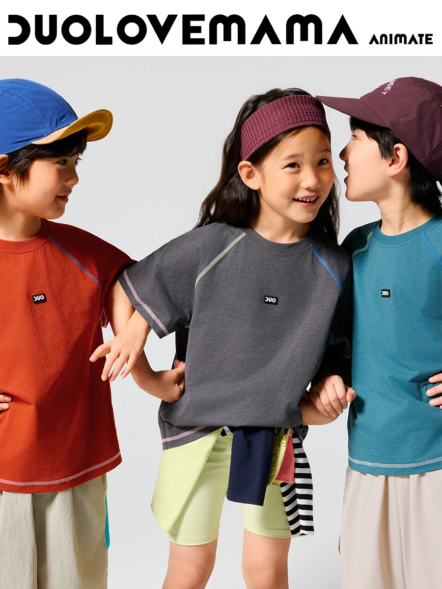 Duolovemama Sporty Short Sleeve T-Shirt for Kids Comfortable Outdoor Unisex Clothing Shoulder Insert Color Block Design