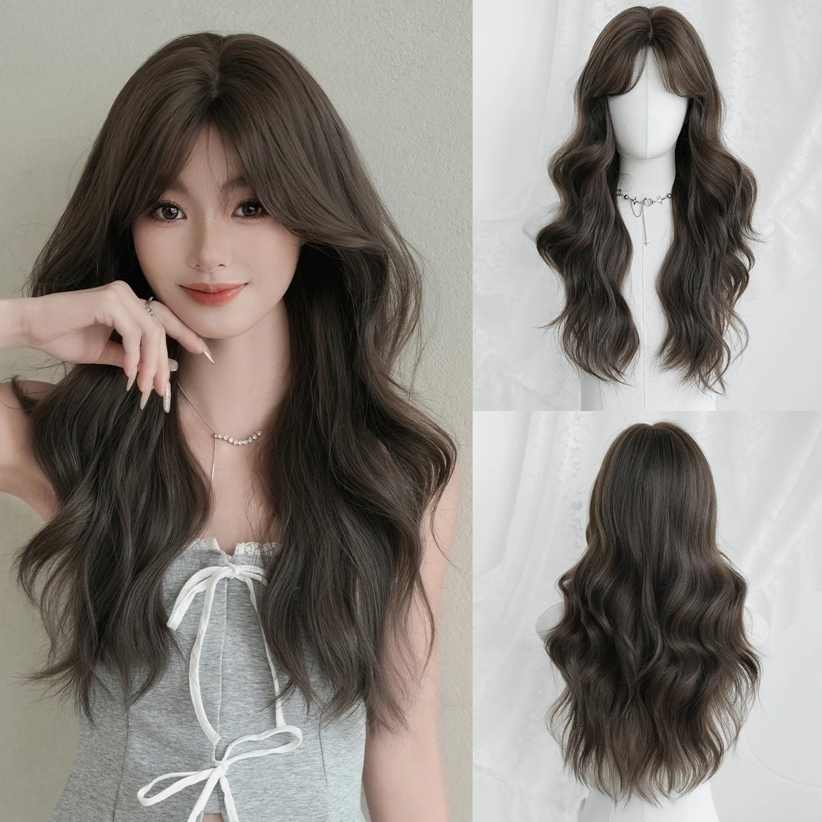 7JHH WIGS Lange gewellte Perücke in kühlem Braun für Damen, synthetische, modische Perücke mit Mittelscheitel und Vorhangfransen, sofort tragbar