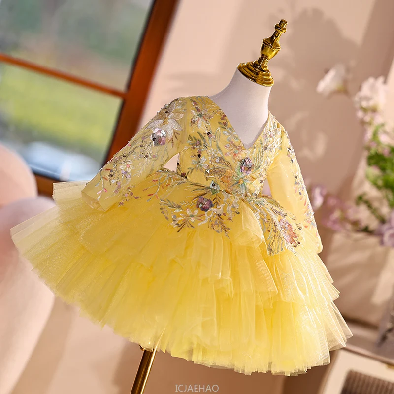 

2025 Party Dress Vestido Children Girls Yellow Wedding Flower Girl Pageant Piano Performance Tutu Outfit Dresses Costume Kids