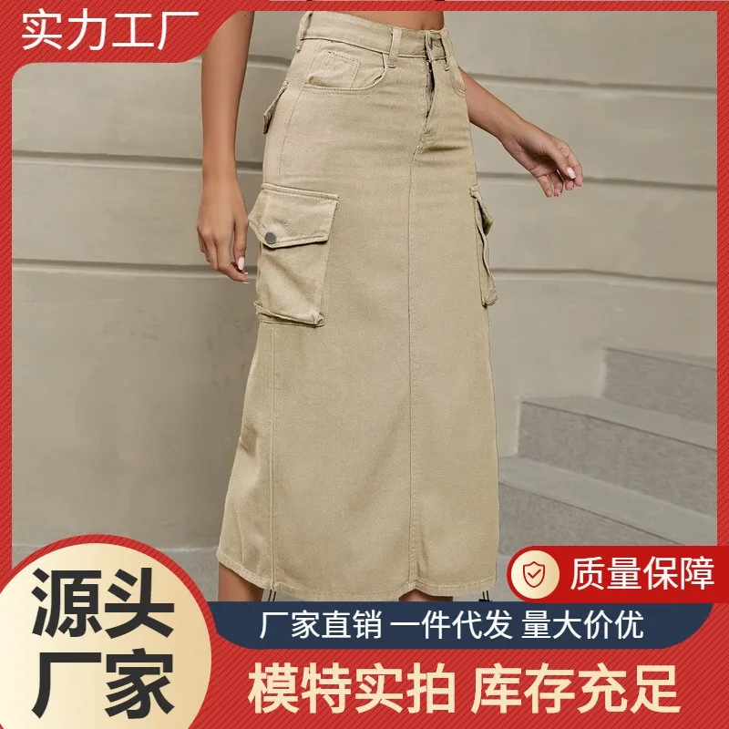 

Summer Women's Clothing Streetwear Denim Midi Skirt For Woman Casual Workwear Half Skirt With Functional Pockets And Belt Loops