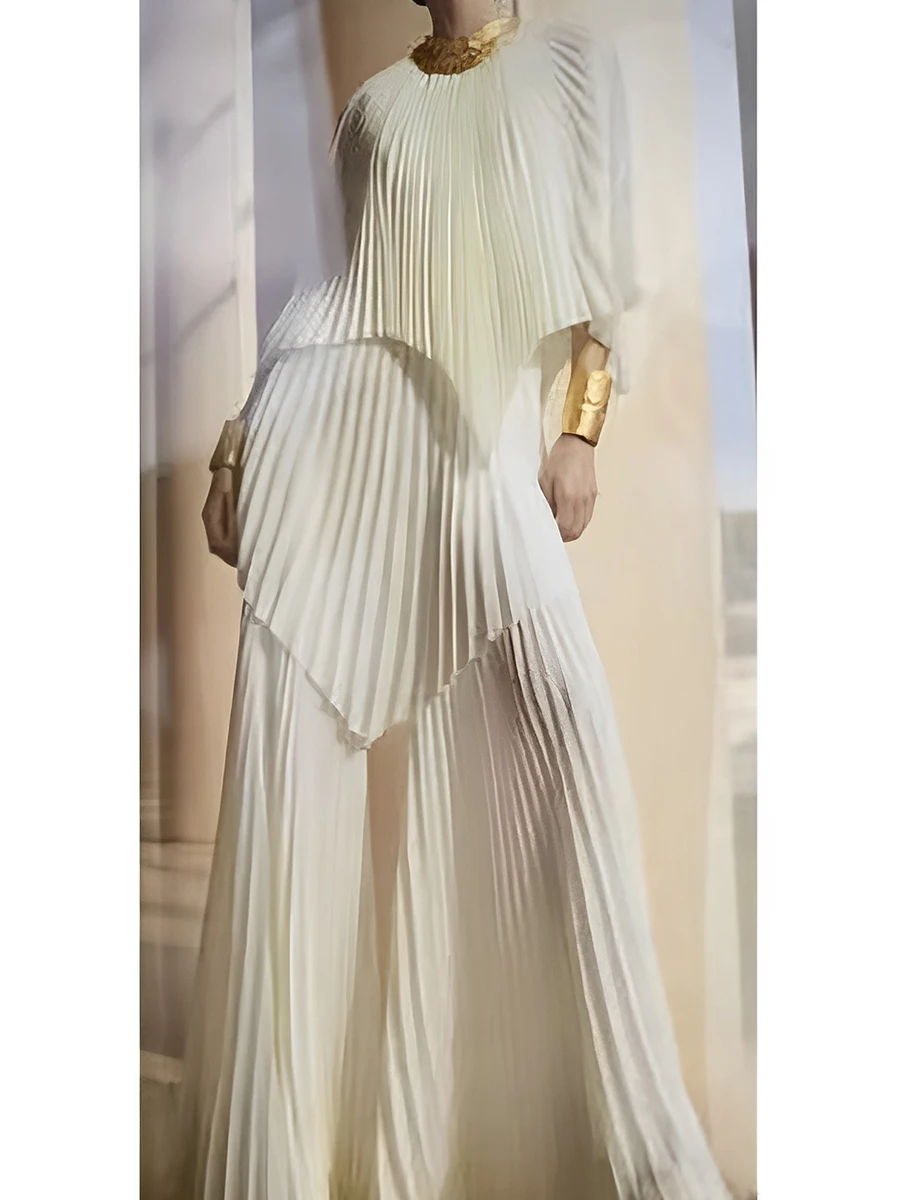 Miyake Folds 2024 Summer New Color Matching Suit Loose Solid Color Blouse With Gradual Color Skirt Two-piece Set