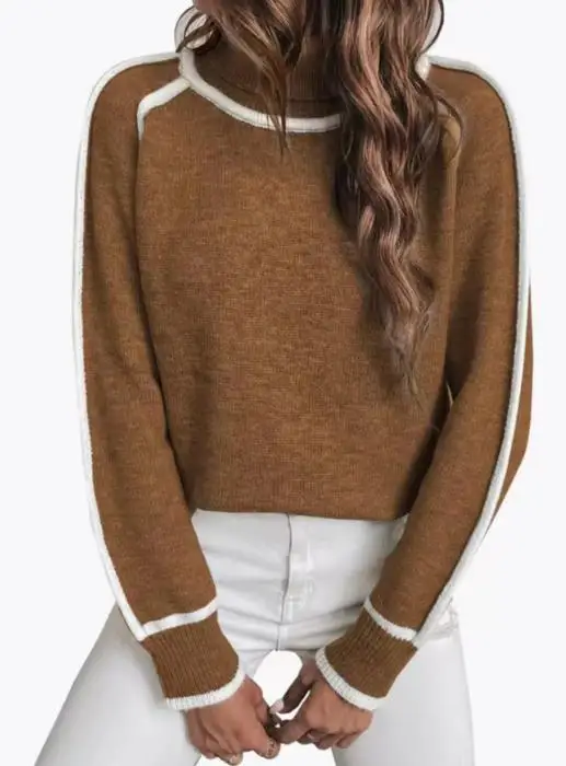 Suéter versátil informal suelto bloqueado de Color de cuello alto de invierno para mujer, suéter de punto suelto informal y de moda