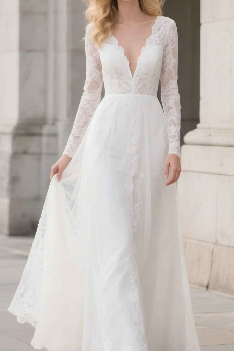 

Elegant Modern A-Line Wedding Dress Long Sleeve V Neck Lace Brush Train Appliques Engagement Bridal Gown 2025 free customized