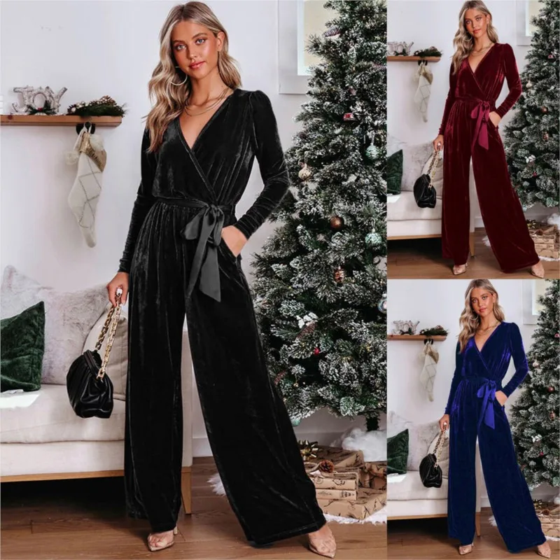 Women's Spring and Autumn New Fashion Slim-fit Romper V-neck Long Sleeve Lace-up Elegant Straight-leg Long Pants Jumpsuit Y2k