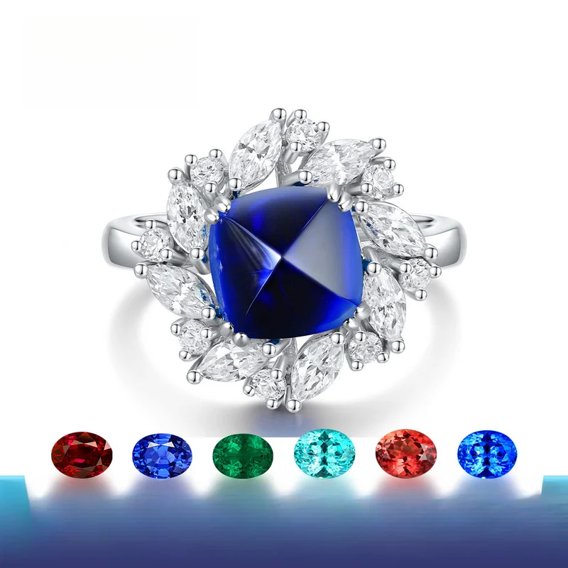 Special Design Lab Grown Sapphire Royal Blue Sugar Tower Cut Cushion Shape Approx 5Carat Silver Ring For Women Christmas Gift