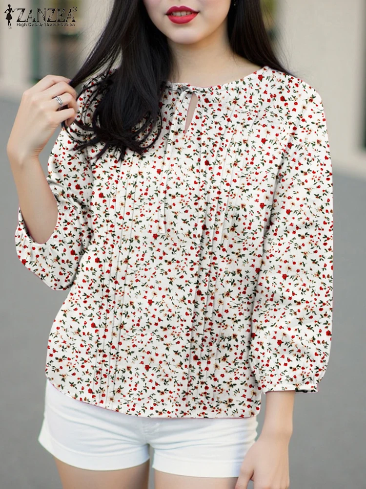 

ZANZEA, женские богемные топы, 2021, блузка с цветочным принтом, летняя модная плиссированная повязка, повседневные рубашки с рукавом 3/4, винтажные Blusas Femme