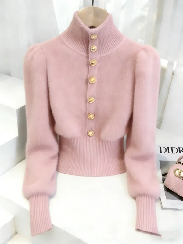 

Pink Knitted Sweater Women's Faionable Winter High Waist Slim Fit Feeling New Year's Clothing Soft Long Sve Top